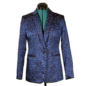 Banana Republic Blue Leopard Print Boyfriend Blazer Jacket 4P Petite - Like New